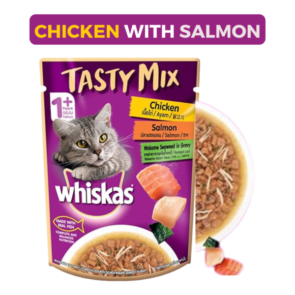Whiskas Tasty Mix Adult Wet Cat Food, Chicken With Salmon Wakame Seaweed in Gravy, 70g