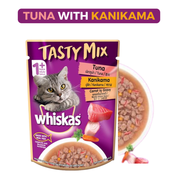 Whiskas Tasty Mix Adult Wet Cat Food, Tuna With Kanikama And Carrot in Gravy, 70g