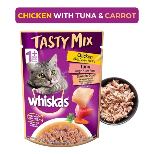 Whiskas Tasty Mix Adult Wet Cat Food, Chicken with Tuna & Carrot in Gravy, 70 g